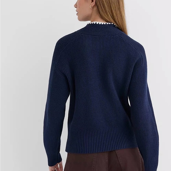 BNWT Loft Contrast Stitched Tie Neck Sweater Deep Blue - Picture 3 of 5